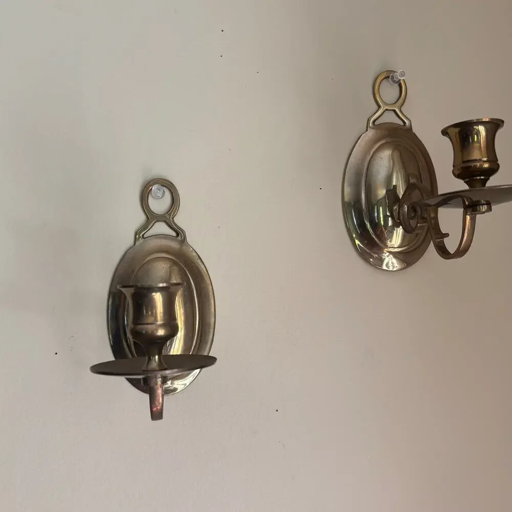Vintage Brass Oval Backplate Candle Sconces w/ Elegant Scroll Arms Set of 2